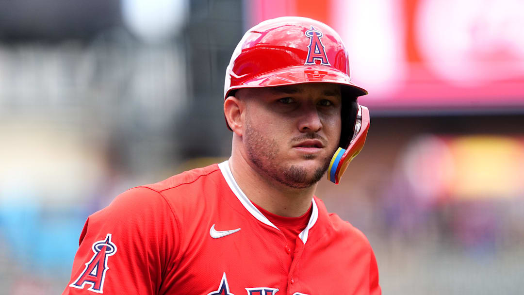 Sep 21, 2025; Denver, Colorado, USA; Los Angeles Angels designated hitter Mike Trout (27) before the game against the Colorado Rockies at Coors Field. Mandatory Credit: Ron Chenoy-Imagn Images