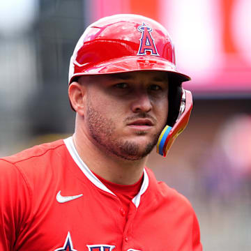 Sep 21, 2025; Denver, Colorado, USA; Los Angeles Angels designated hitter Mike Trout (27) before the game against the Colorado Rockies at Coors Field. Mandatory Credit: Ron Chenoy-Imagn Images