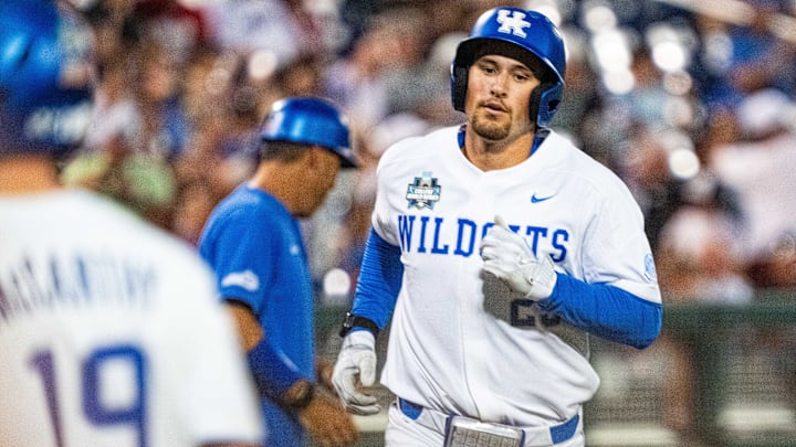 Jun 17, 2024; Omaha, NE, USA; Kentucky Wildcats first baseman Ryan Nicholson (25) runs home after hitting a home run against the Texas A&M Aggies during the ninth inning at Charles Schwab Field Omaha. Mandatory Credit: Dylan Widger-Imagn Images