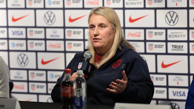 United States Women's head coach Emma Hayes talking to the media.