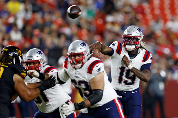 New England Patriots quarterback Joe Milton III throws a pass during the third quarter against the Washington Commanders