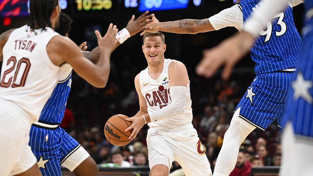 Oct 11, 2026; Cleveland, Ohio, USA; Cleveland Cavaliers guard Sam Merrill (5) looks to pass during the second half against the Orlando Magic at Rocket Arena. Mandatory Credit: Ken Blaze-Imagn Images