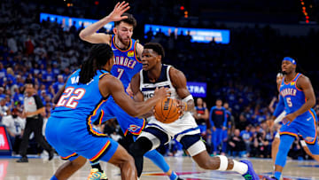 Minnesota Timberwolves guard Anthony Edwards drives to the basket against Oklahoma City Thunder guard Cason Wallace (22) during the second quarter in Game 5 of the Western Conference finals at Paycom Center in Oklahoma City on May 28, 2025.