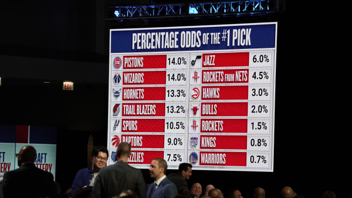 May 12, 2024; Chicago, IL, USA; A overall shot of the 2024 NBA Draft Lottery at McCormick Place West. Mandatory Credit: David Banks-USA TODAY Sports