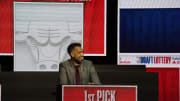 May 12, 2024; Chicago, IL, USA; Atlanta Hawks general manager Landry Fields reacts after getting the