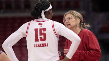 Wisconsin forward Gift Uchenna (15) listens to head coach Robin Pingeton during the second half of their exhibition game against UW-River Falls Monday, October 27, 2025 at the Kohl Center in Madison, Wisconsin.