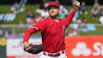 Feb 26, 2023; Tempe, Arizona, USA; Los Angeles Angels starting pitcher Reid Detmers (48) throws in