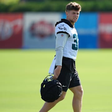 Jul 24, 2025; Philadelphia, PA, USA; Philadelphia Eagles defensive back Cooper DeJean (33) walks the field during training camp at NovaCare Complex. Mandatory Credit: Kyle Ross-Imagn Images