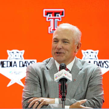  Texas Tech head coach Joey McGuire addresses the media . Mandatory Credit: Raymond Carlin III-Imagn Images