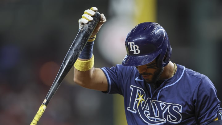 Aug 2, 2024; Houston, Texas, USA; Tampa Bay Rays shortstop Jose Caballero (7) reacts after striking out during the fifth inning against the Houston Astros at Minute Maid Park. Mandatory Credit: Troy Taormina-USA TODAY Sports