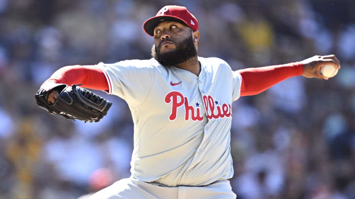 Apr 28, 2024; San Diego, California, USA; Philadelphia Phillies relief pitcher Jose Alvarado (46) throws a pitch against the San Diego Padres during the ninth inning at Petco Park