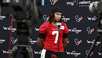 Jun 10, 2025; Houston, TX, USA; Houston Texans quarterback C.J. Stroud speaks at a press conference after an NFL football minicamp at NRG Stadium. Mandatory Credit: Maria Lysaker-Imagn Images 