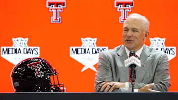 Jul 8, 2025; Frisco, TX, USA; Texas Tech head coach Joey McGuire addresses the media during 2025 Big 12 Football Media Days at The Star. Mandatory Credit: Raymond Carlin III-Imagn Images