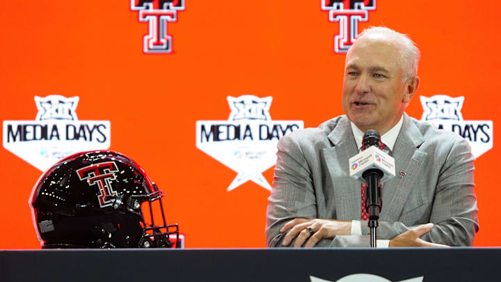 Jul 8, 2025; Frisco, TX, USA; Texas Tech head coach Joey McGuire addresses the media during 2025 Big 12 Football Media Days at The Star. Mandatory Credit: Raymond Carlin III-Imagn Images
