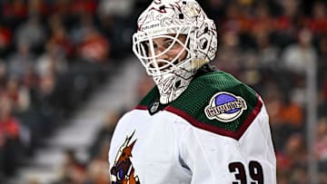 Apr 14, 2024; Calgary, Alberta, CAN; Arizona Coyotes goaltender Connor Ingram (39) looks on against the Calgary Flames during the third period at Scotiabank Saddledome. Mandatory Credit: Brett Holmes-Imagn Images