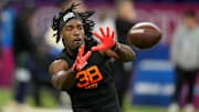 Mar 1, 2025; Indianapolis, IN, USA; Utah State wideout Jalen Royals (WO38) during the 2025 NFL Combine at Lucas Oil Stadium. Mandatory Credit: Kirby Lee-Imagn Images