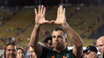 Oct 5, 2024; Berkeley, California, USA; Miami Hurricanes head coach Mario Cristobal gestures after defeating the California Golden Bears at California Memorial Stadium. Mandatory Credit: Darren Yamashita-Imagn Images