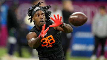 Mar 1, 2025; Indianapolis, IN, USA; Utah State wideout Jalen Royals (WO38) during the 2025 NFL Combine at Lucas Oil Stadium. Mandatory Credit: Kirby Lee-Imagn Images