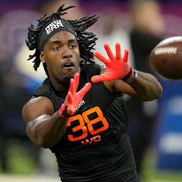 Mar 1, 2025; Indianapolis, IN, USA; Utah State wideout Jalen Royals (WO38) during the 2025 NFL Combine at Lucas Oil Stadium. Mandatory Credit: Kirby Lee-Imagn Images
