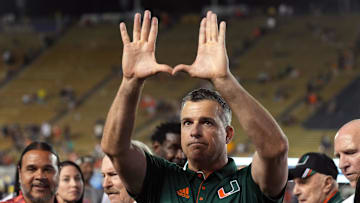 Oct 5, 2024; Berkeley, California, USA; Miami Hurricanes head coach Mario Cristobal gestures after defeating the California Golden Bears at California Memorial Stadium. Mandatory Credit: Darren Yamashita-Imagn Images