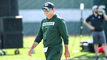 Michigan State football head coach Jonathan Smith looks on during practice on Monday, Aug. 11, 2025, in East Lansing.