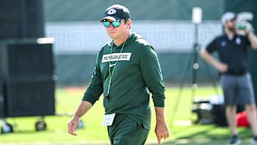 Michigan State football head coach Jonathan Smith looks on during practice on Monday, Aug. 11, 2025, in East Lansing.