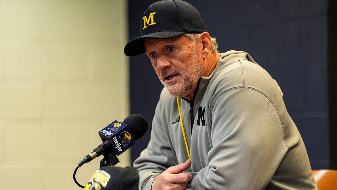 Michigan head coach Kyle Whittingham speaks to media after the spring game at Michigan Stadium in Ann Arbor on Saturday, April 18, 2026.