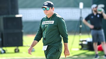 Michigan State football head coach Jonathan Smith looks on during practice on Monday, Aug. 11, 2025, in East Lansing.