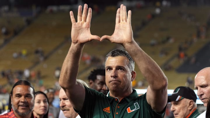 Oct 5, 2024; Berkeley, California, USA; Miami Hurricanes head coach Mario Cristobal gestures after defeating the California Golden Bears at California Memorial Stadium. Mandatory Credit: Darren Yamashita-Imagn Images