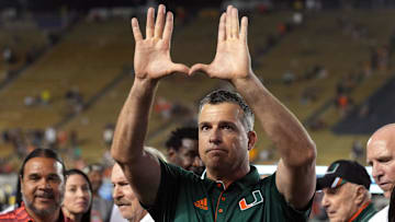 Oct 5, 2024; Berkeley, California, USA; Miami Hurricanes head coach Mario Cristobal gestures after defeating the California Golden Bears at California Memorial Stadium. Mandatory Credit: Darren Yamashita-Imagn Images