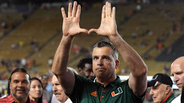 Oct 5, 2024; Berkeley, California, USA; Miami Hurricanes head coach Mario Cristobal gestures after defeating the California Golden Bears at California Memorial Stadium. Mandatory Credit: Darren Yamashita-Imagn Images