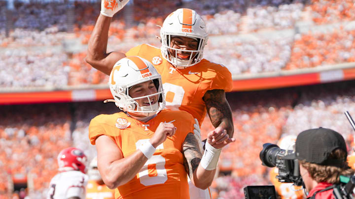 Tennessee quarterback Joey Aguilar (6) and running back DeSean Bishop (18) celebrate Aguilar's touchdown during an NCAA college football game against Georgia on September 13, 2025, Knoxville, Tennessee.