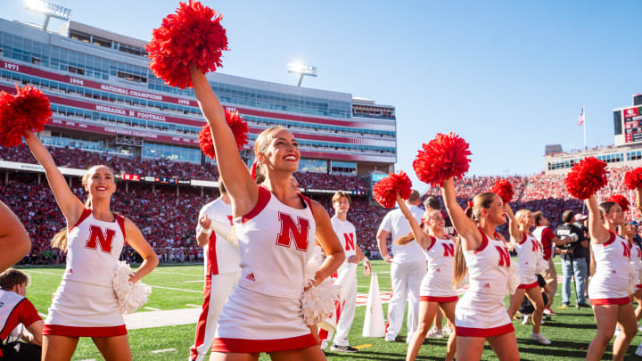 Aug 31, 2024; Lincoln, Nebraska, USA; Nebraska Cornhuskers cheerleaders perform during the fourth quarter against the UTEP Miners at Memorial Stadium. Dylan Widger-USA TODAY Sports