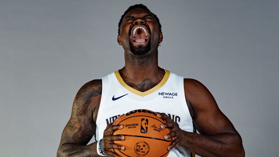 Sep 23, 2025; Metairie, LA, USA;  New Orleans Pelicans forward Zion Williamson (1) takes part in media day at Ochsner Sports Performance Center. Mandatory Credit: Matthew Hinton-Imagn Images