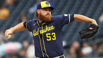 Sep 6, 2025; Pittsburgh, Pennsylvania, USA;  Milwaukee Brewers starting pitcher Brandon Woodruff (53) delivers a pitch against the Pittsburgh Pirates during the first inning at PNC Park. Mandatory Credit: Charles LeClaire-Imagn Images