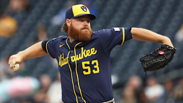 Sep 6, 2025; Pittsburgh, Pennsylvania, USA;  Milwaukee Brewers starting pitcher Brandon Woodruff (53) delivers a pitch against the Pittsburgh Pirates during the first inning at PNC Park. Mandatory Credit: Charles LeClaire-Imagn Images