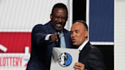 May 12, 2025; Chicago, Illinois, US; Rolando Blackman of the Dallas Mavericks reacts with Mark Tatum NBA Deputy Commissioner after winning the the first pick during the 2025 NBA Draft Lottery at McCormick Place. Mandatory Credit: David Banks-Imagn Images