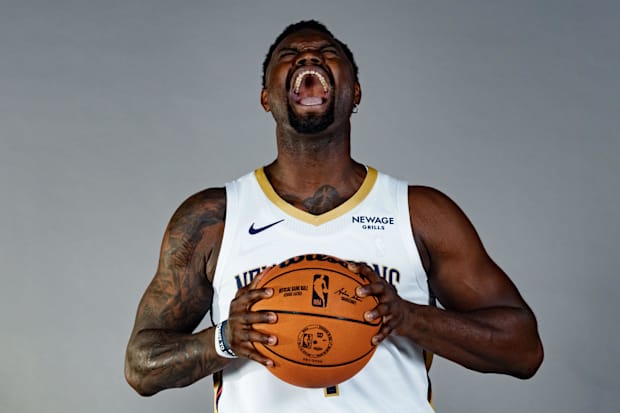 Pelicans forward Zion Williamson yells during a portrait at media day.