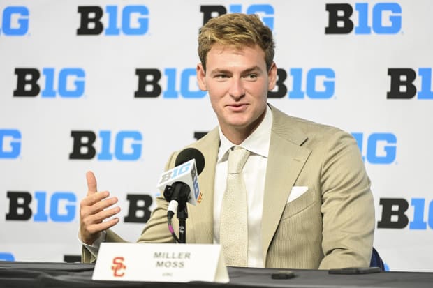 Moss during the Big Ten football media day at Lucas Oil Stadium in Indianapolis.