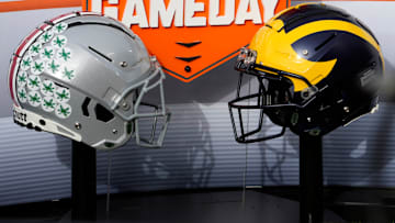 Nov. 25, 2023; Ann Arbor, Mi., USA;
Helmets for the Ohio State Buckeyes and the Michigan Wolverines decorate the on-field set for ESPN  s College GameDay before Saturday  s NCAA Division I football game at Michigan Stadium.