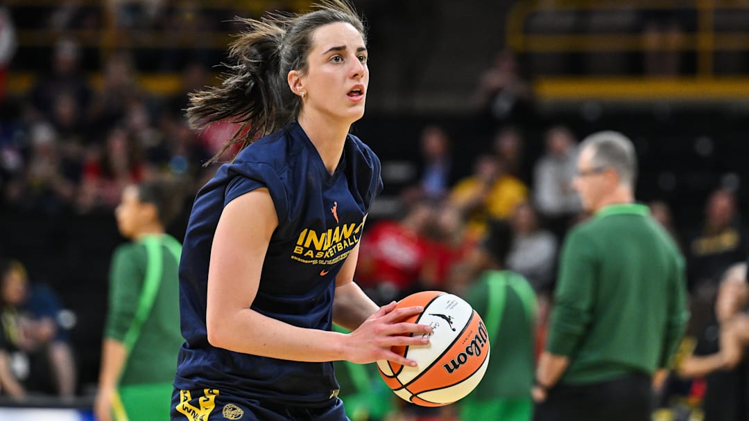 May 4, 2025; Iowa City, IA, USA; Indiana Fever guard Caitlin Clark (22) warms up before the game against the Brazil National Team at Carver-Haweye Arena. Mandatory Credit: Jeffrey Becker-Imagn Images