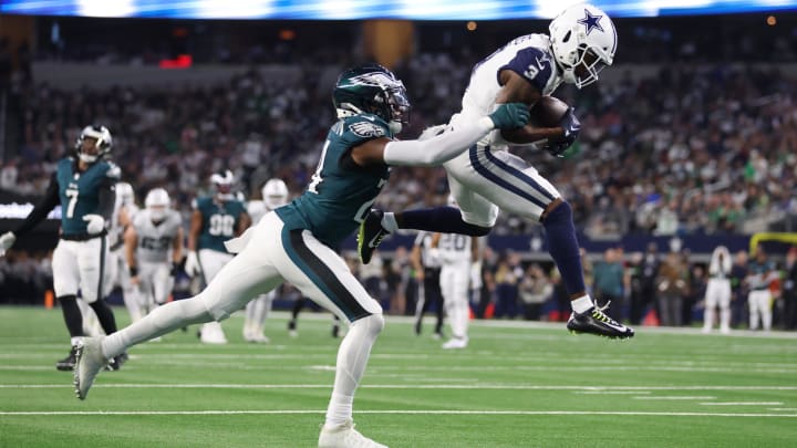 Dec 10, 2023; Arlington, Texas, USA; Dallas Cowboys wide receiver Brandin Cooks (3) catches a pass against Philadelphia Eagles cornerback James Bradberry (24) in the second quarter at AT&T Stadium.  