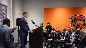 Jan 22, 2025; Lake Forest, IL, USA; Chicago Bears head coach Ben Johnson answers questions during a introductory press conference at PNC Center. Mandatory Credit: David Banks-Imagn Images