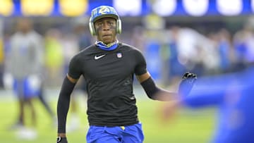 Jan 5, 2025; Inglewood, California, USA; Los Angeles Rams cornerback Emmanuel Forbes Jr. (25) warms up prior to the game against the Seattle Seahawks at SoFi Stadium. Mandatory Credit: Jayne Kamin-Oncea-Imagn Images