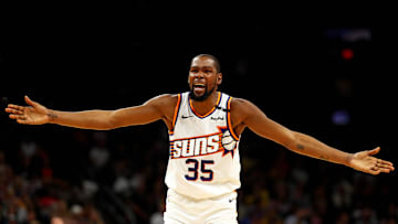 Oct 28, 2024; Phoenix, Arizona, USA; Phoenix Suns forward Kevin Durant (35) reacts to a play during the first half against the Los Angeles Lakers at Footprint Center. Mandatory Credit: Mark J. Rebilas-Imagn Images