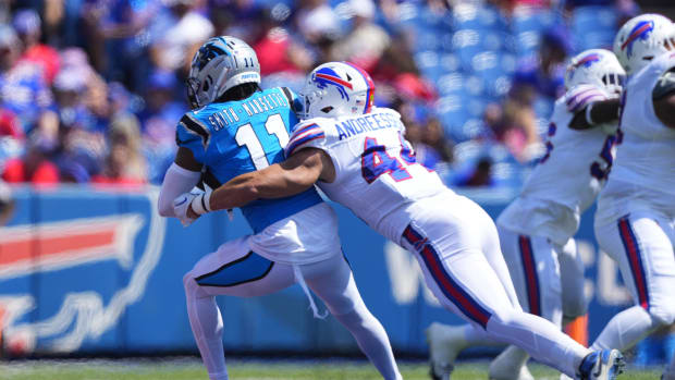 Aug 24, 2024; Orchard Park, New York, USA; Buffalo Bills linebacker Joe Andreessen (44) tackles Carolina Panthers wide receiv