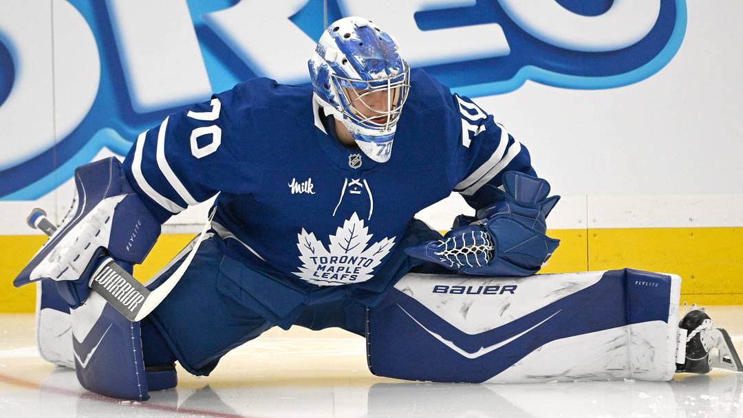 Nov 13, 2025; Toronto, Ontario, CAN;  Toronto Maple Leafs goalie Artur Akhtyamov (70) warms up before playing the Los Angeles Kings at Scotiabank Arena. Mandatory Credit: Dan Hamilton-Imagn Images