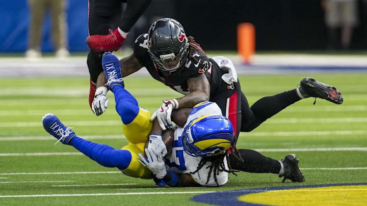 Sep 7, 2025; Inglewood, California, USA; Houston Texans cornerback Derek Stingley Jr. (24) tackles Los Angeles Rams wide receiver Davante Adams (17) during the third quarter at SoFi Stadium. Mandatory Credit: Kirby Lee-Imagn Images Sep 7, 2025; Inglewood, California, USA; Houston Texans cornerback Derek Stingley Jr. (24) tackles Los Angeles Rams wide receiver Davante Adams (17) during the third quarter at SoFi Stadium. Mandatory Credit: Kirby Lee-Imagn Images