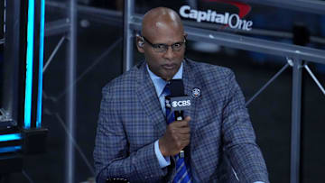 Apr 5, 2021; Indianapolis, IN, USA; CBS announcer Clark Kellogg prior to the national championship game in the Final Four of the 2021 NCAA Tournament between the Gonzaga Bulldogs and the Baylor Bears at Lucas Oil Stadium. 
