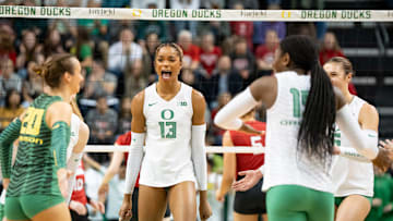 Oregon middle blocker Onye Ofoegbu celebrates a shot as the Oregon Ducks host the Nebraska Cornhuskers at Matthew Knight Arena on Thursday, Nov. 7, 2024, in Eugene, Ore.